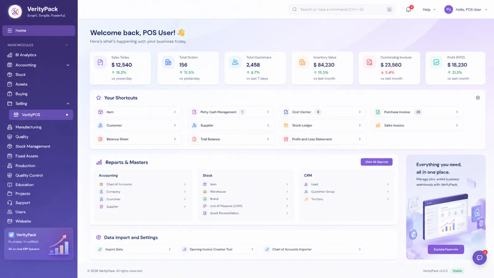 VerityPack dashboard and ERP interface